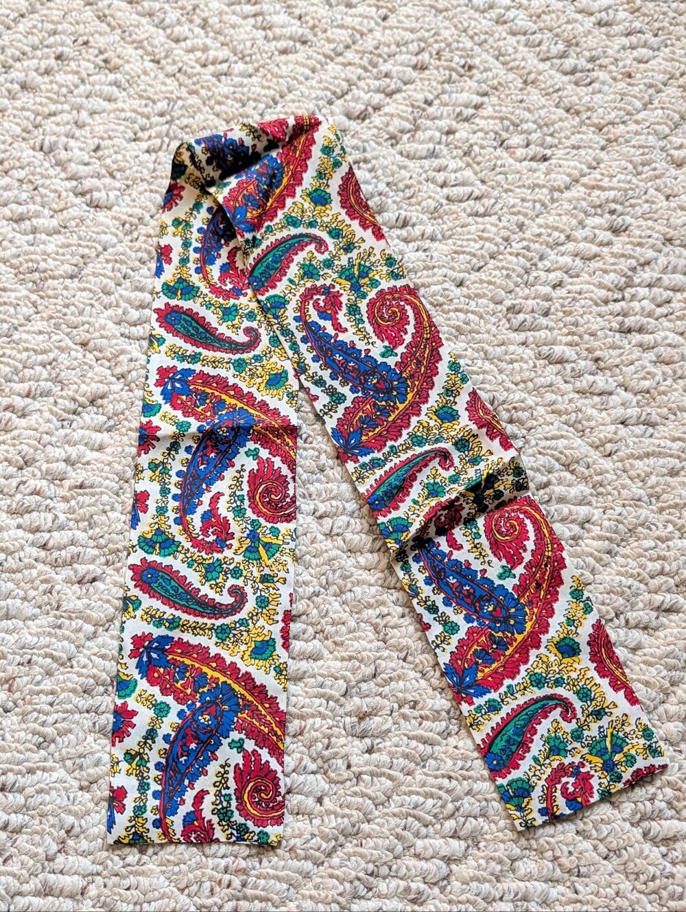 Vintage 70's Psychedelic Red Yellow Blue Green Paisley Silky Twilly Scarf Floral